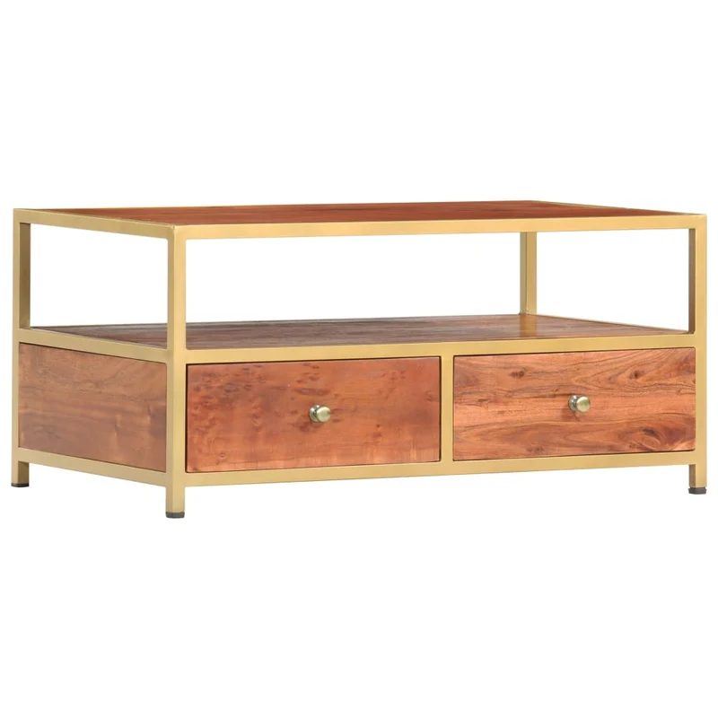 Table basse de salon compartiment ouvert et de 2 tiroirs 90 x 50 x 40 cm bois d'acacia massif et acier DEC037209