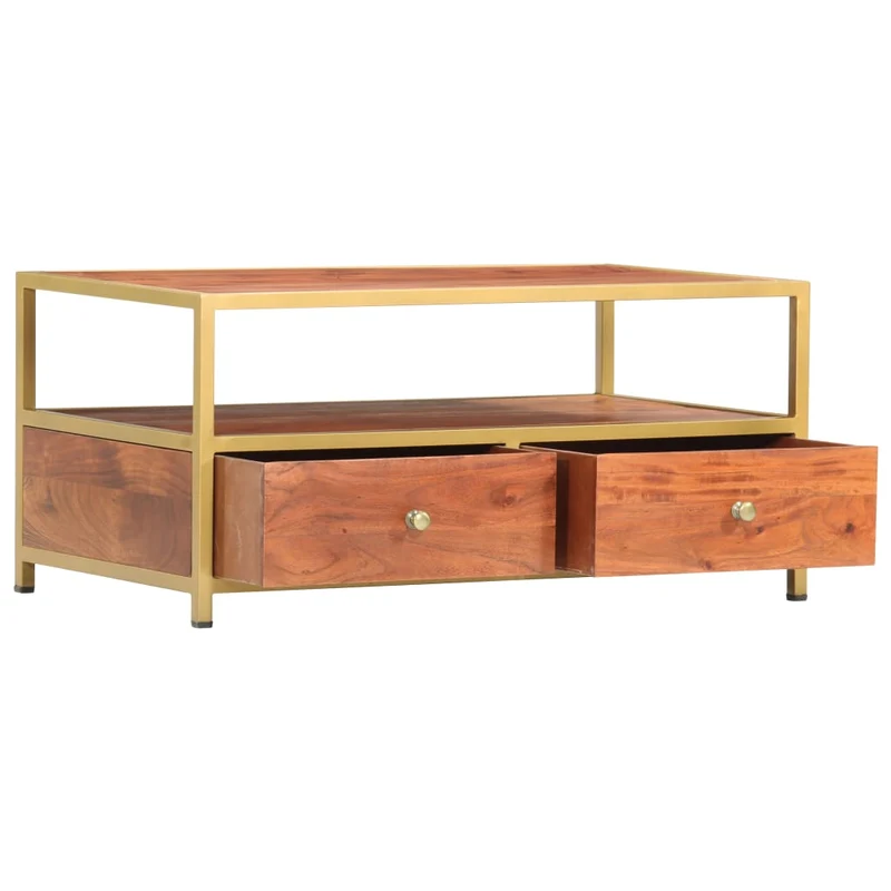 Table basse de salon compartiment ouvert et de 2 tiroirs 90 x 50 x 40 cm bois d'acacia massif et acier DEC037209
