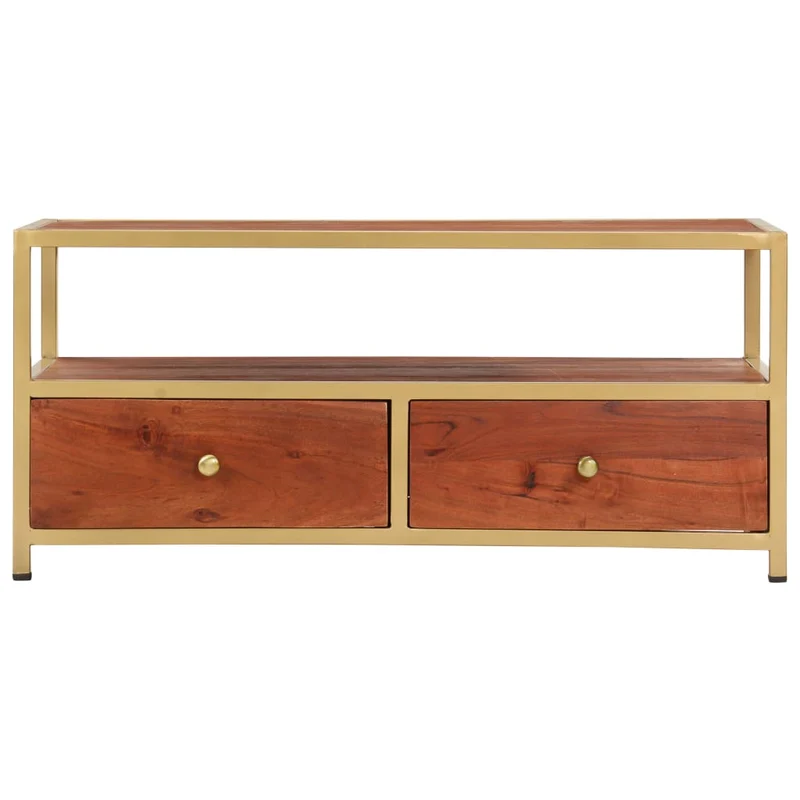 Table basse de salon compartiment ouvert et de 2 tiroirs 90 x 50 x 40 cm bois d'acacia massif et acier DEC037209
