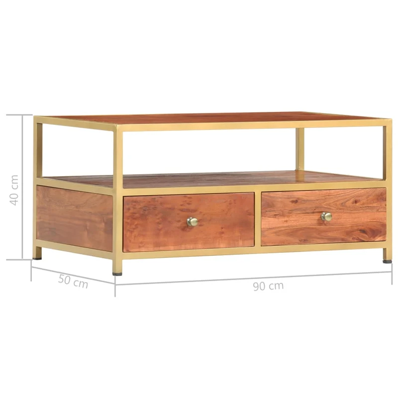 Table basse de salon compartiment ouvert et de 2 tiroirs 90 x 50 x 40 cm bois d'acacia massif et acier DEC037209