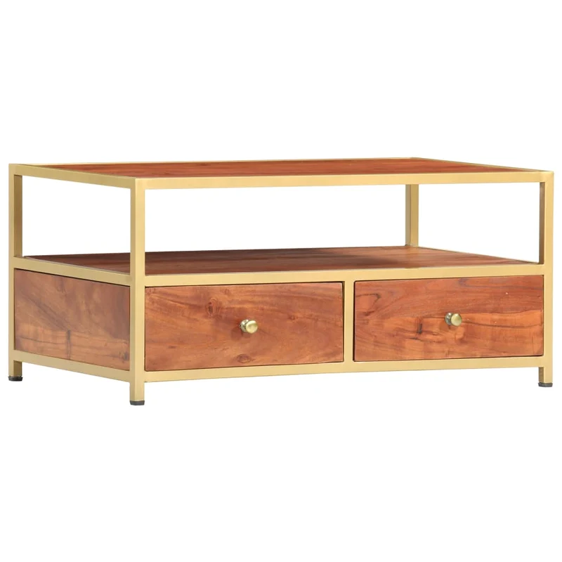 Table basse de salon compartiment ouvert et de 2 tiroirs 90 x 50 x 40 cm bois d'acacia massif et acier DEC037209