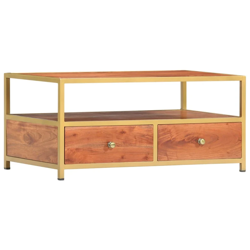 Table basse de salon compartiment ouvert et de 2 tiroirs 90 x 50 x 40 cm bois d'acacia massif et acier DEC037209