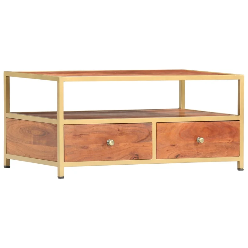 Table basse de salon compartiment ouvert et de 2 tiroirs 90 x 50 x 40 cm bois d'acacia massif et acier DEC037209