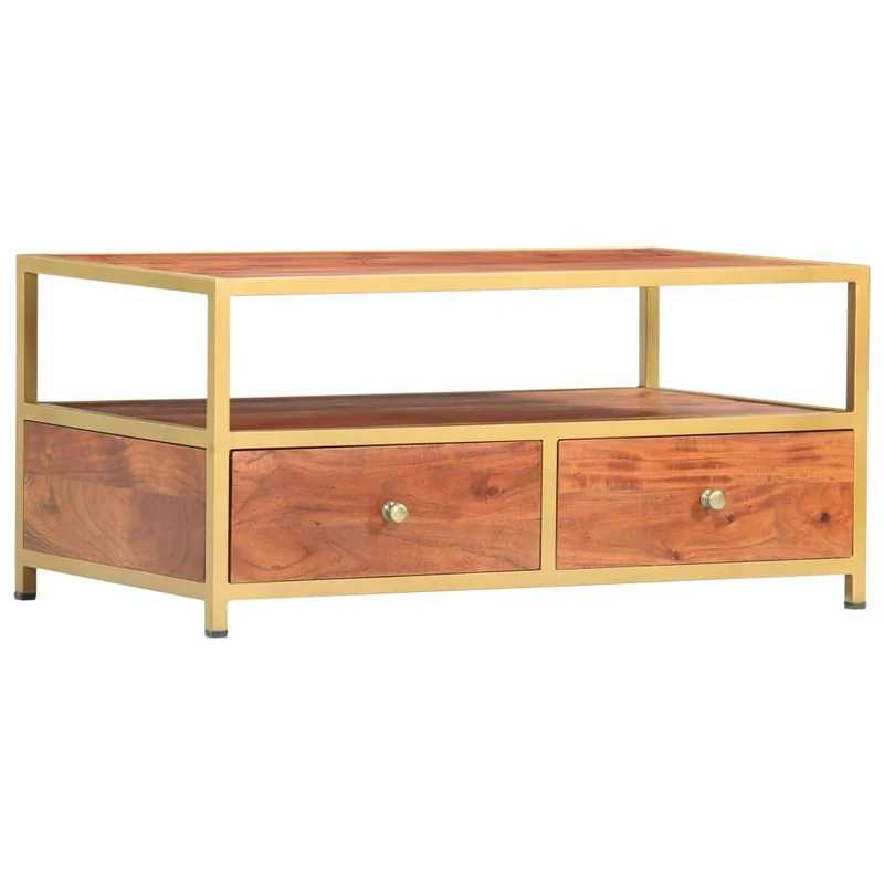 Table basse de salon compartiment ouvert et de 2 tiroirs 90 x 50 x 40 cm bois d'acacia massif et acier DEC037209