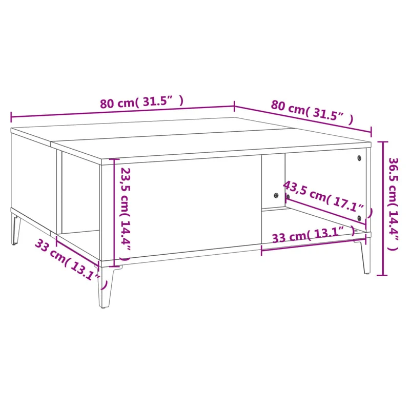 Table basse design moderne et contemporaine 80 x 80 x 36,5 cm bois d'ingénierie marron et métal DEC038490