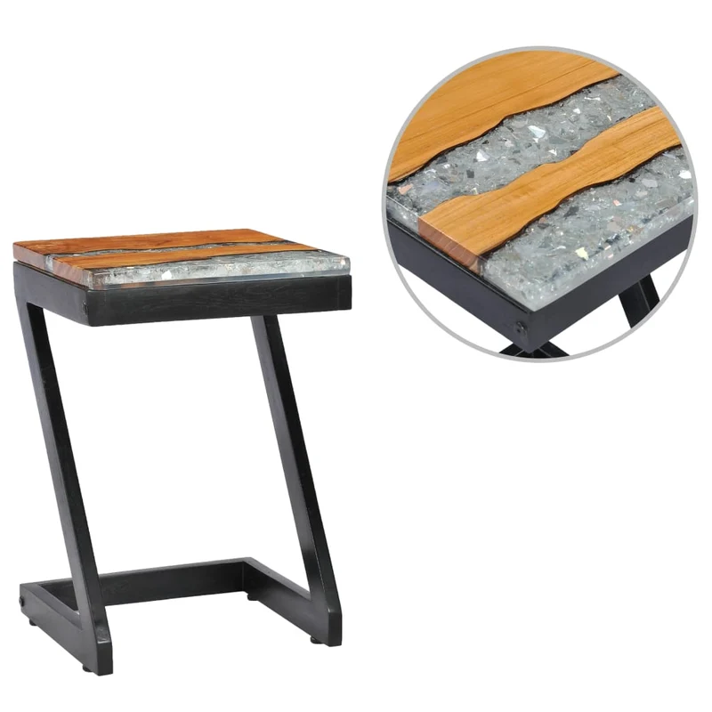 Table d'appoint design industriel vintage 30 x 30 x 50 cm bois de teck massif et polyrésine multicolore DEC037038