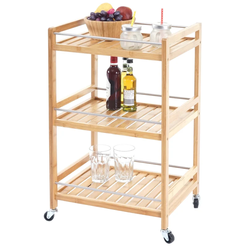 Chariot à roulettes service cuisine chariot polyvalent de bar en bambou 76x46x38cm 04_0002438