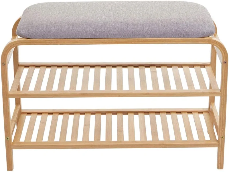 Banc étagère à chaussures assise rembourrée avec deux niveaux bambou 50x70x30cm BAN04049