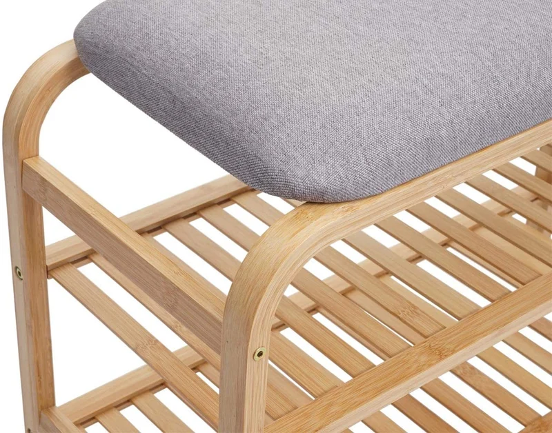 Banc étagère à chaussures assise rembourrée avec deux niveaux bambou 50x70x30cm BAN04049