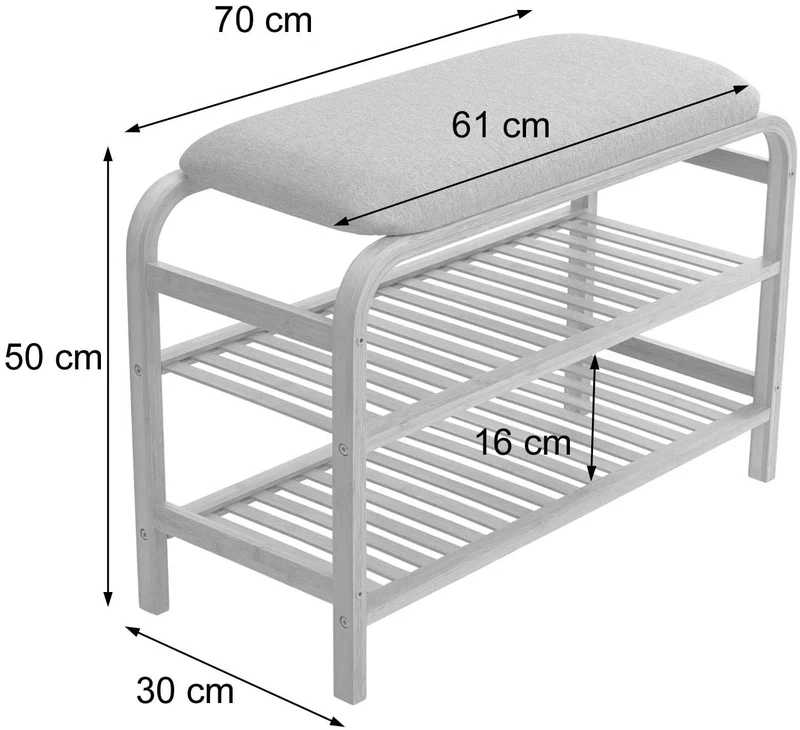 Banc étagère à chaussures assise rembourrée avec deux niveaux bambou 50x70x30cm BAN04049