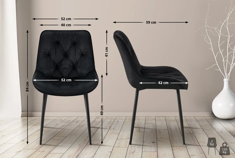 Lot de 2 chaises de salle à manger assise et dossier capitonné en velours noir et métal noir 10_0007323