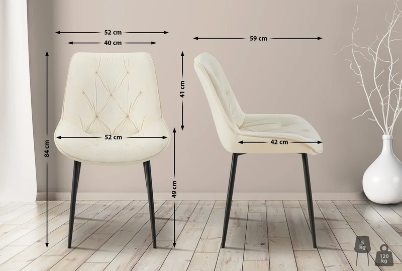 Lot de 2 chaises de salle à manger assise et dossier capitonné en velours crème et métal noir 10_0007322