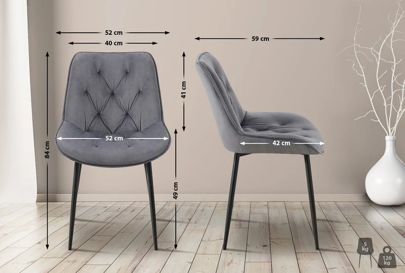 Lot de 2 chaises de salle à manger assise et dossier capitonné en velours gris foncé et métal noir 10_0007321