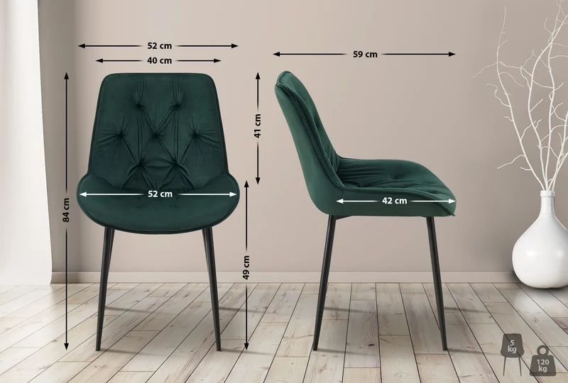 Chaise de salle à manger x1 assise et dossier capitonné en velours vert et métal noir 10_0007238
