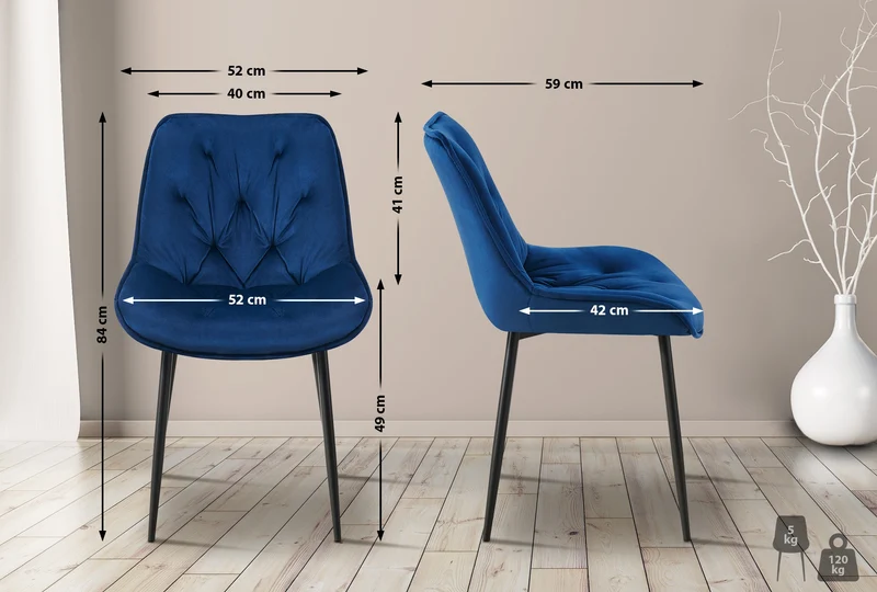 Chaise de salle à manger x1 assise et dossier capitonné en velours bleu et métal noir 10_0007234