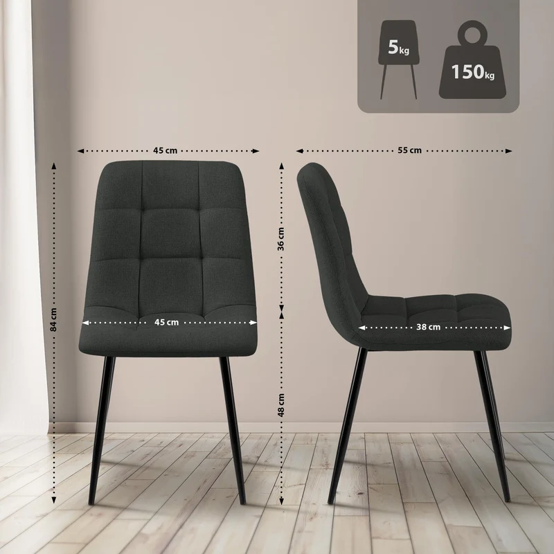 Lot de 4 chaises de salle à manger coutures décoratives carrées en tissu gris foncé et métal noir 10_0007331