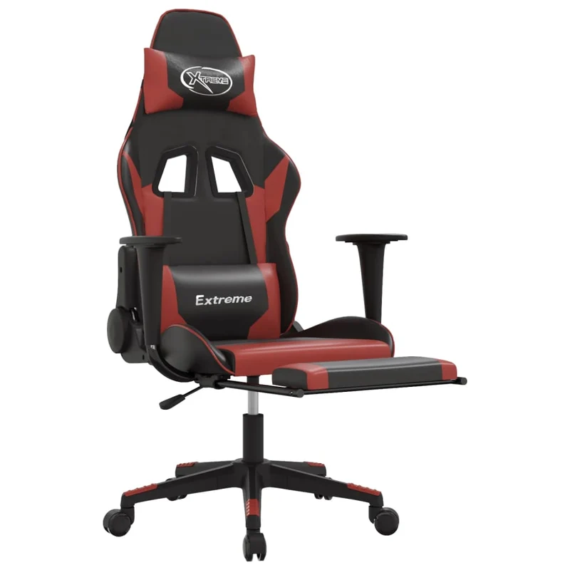 Fauteuil de bureau chaise gaming sur roulettes avec repose-pieds en PVC rouge et noir DEC025807
