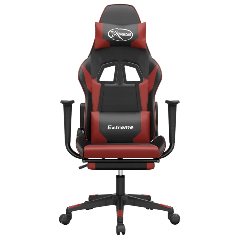 Fauteuil de bureau chaise gaming avec coussin lombaire fonction de massage repose-pieds en PVC rouge et noir DEC025937