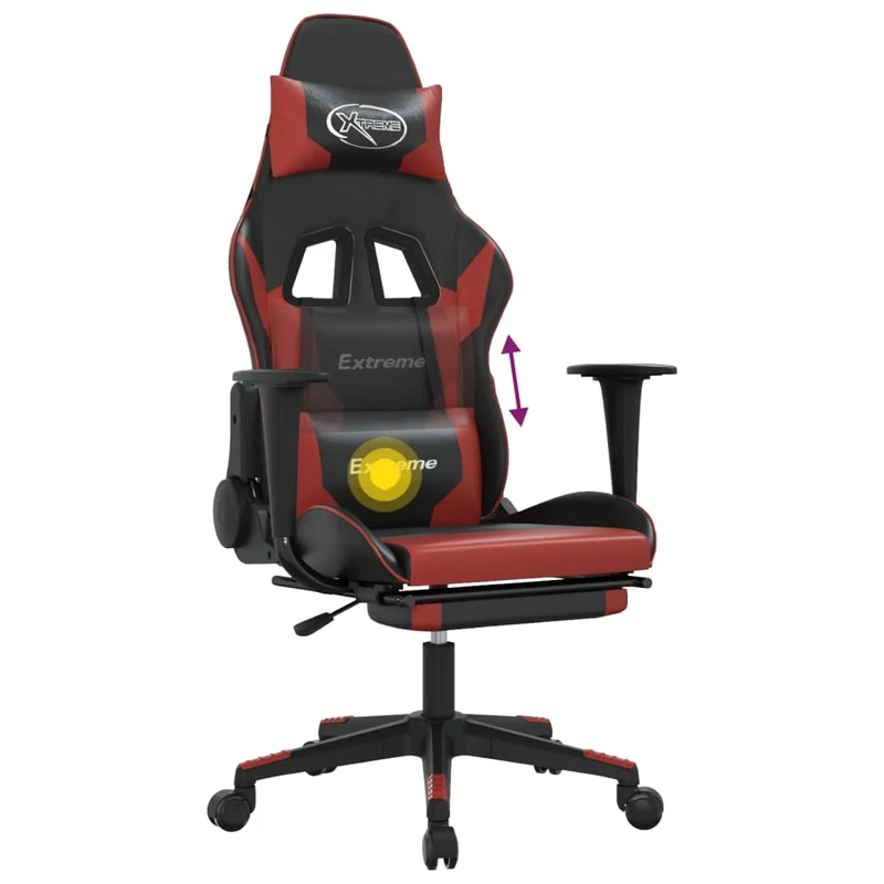Fauteuil de bureau chaise gaming avec coussin lombaire fonction de massage repose-pieds en PVC rouge et noir DEC025937
