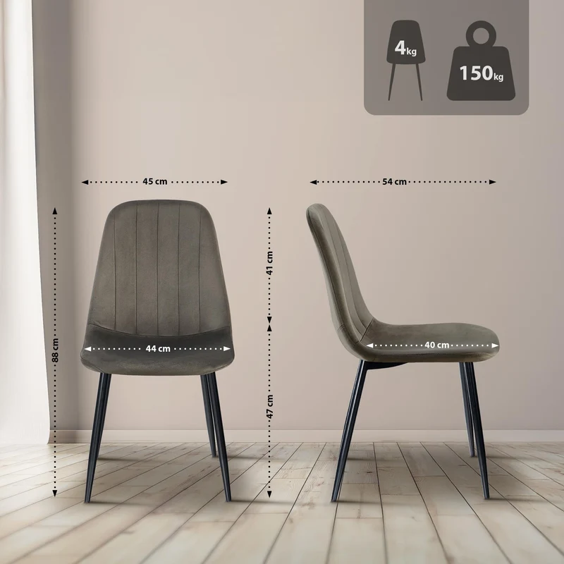 Chaise de salle à manger x1 design moderne coutures verticales velours anthracite et pieds en métal noir 10_0007548