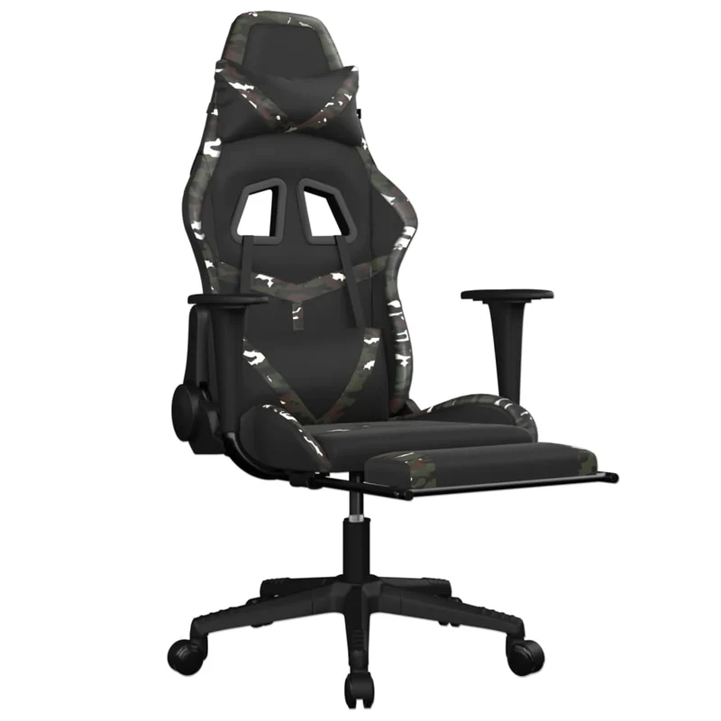 Fauteuil de bureau chaise gaming avec coussin lombaire repose-pied noir camouflage PVC multicolore DEC025945