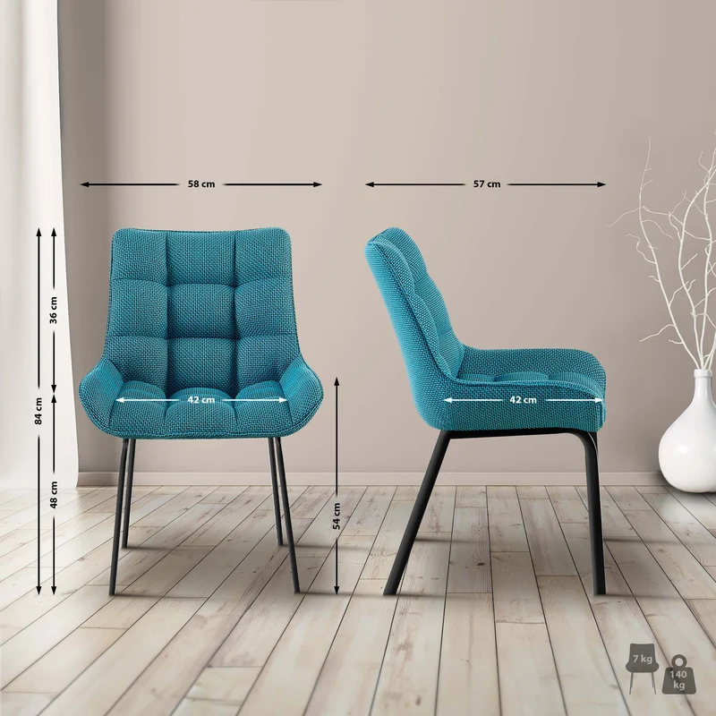 Lot de 2 chaises de salle à manger en tissu turquoise généreusement rembourrée piètement en métal noir 10_0007835