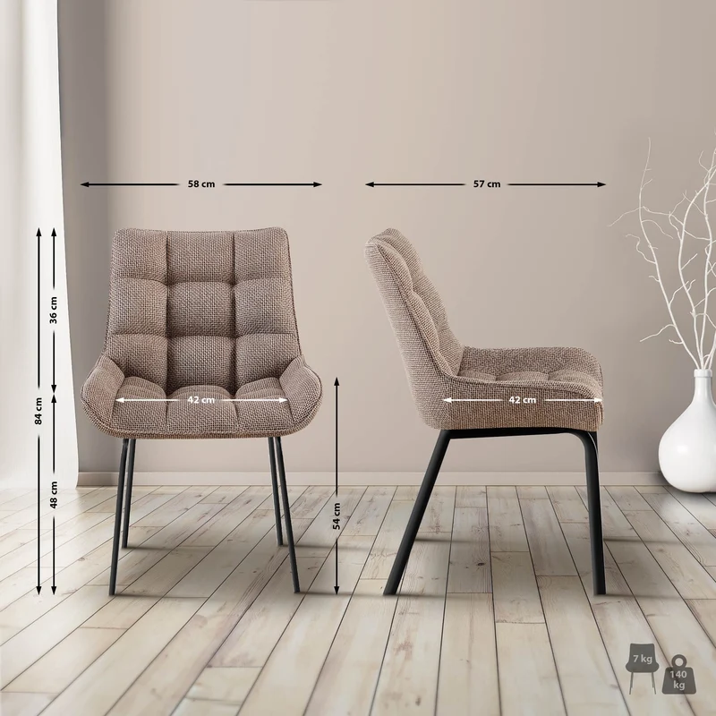 Chaise de salle à manger x1 en tissu marron terre généreusement rembourrée piètement en métal noir 10_0007795