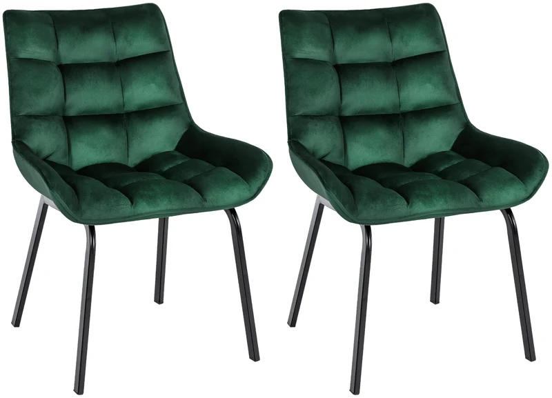 Lot de 2 chaises de salle à manger en velours vert généreusement rembourrée piètement en métal noir 10_0007747