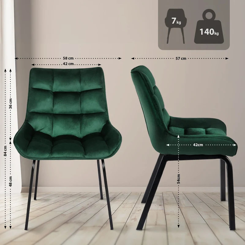 Lot de 2 chaises de salle à manger en velours vert généreusement rembourrée piètement en métal noir 10_0007747
