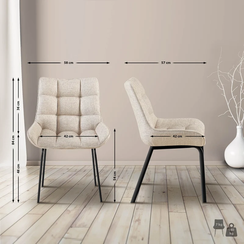 Lot de 2 chaises de salle à manger en tissu crème généreusement rembourrée piètement en métal noir 10_0007677