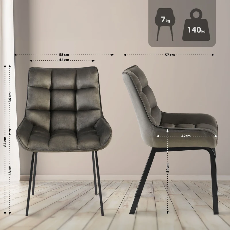 Lot de 2 chaises de salle à manger en velours anthracite généreusement rembourrée piètement en métal noir 10_0007612