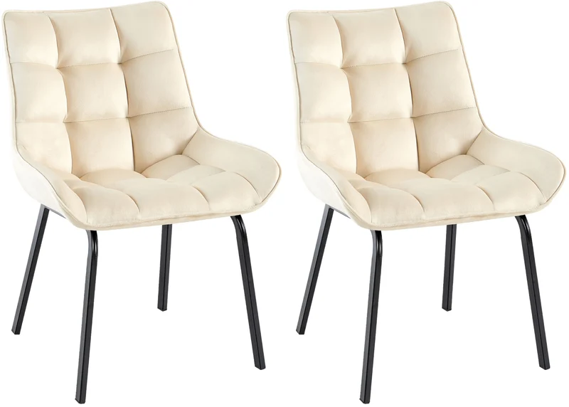 Lot de 2 chaises de salle à manger en velours crème généreusement rembourrée piètement en métal noir 10_0007567