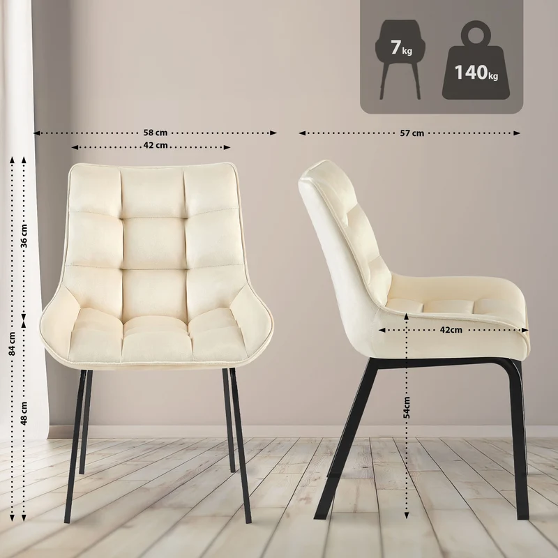 Lot de 2 chaises de salle à manger en velours crème généreusement rembourrée piètement en métal noir 10_0007567