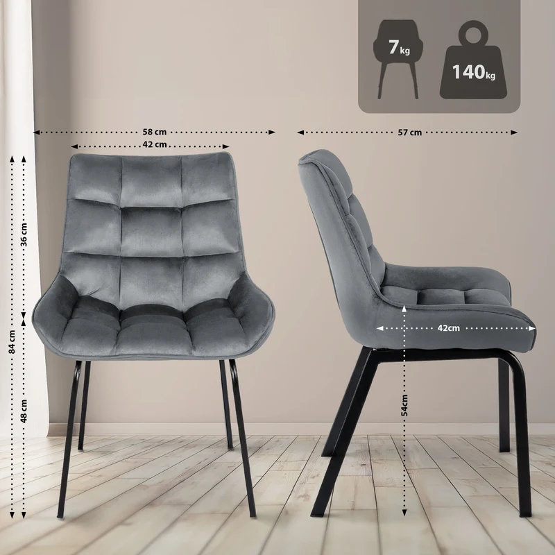 Lot de 2 chaises de salle à manger en velours gris foncé généreusement rembourrée piètement en métal noir 10_0007535