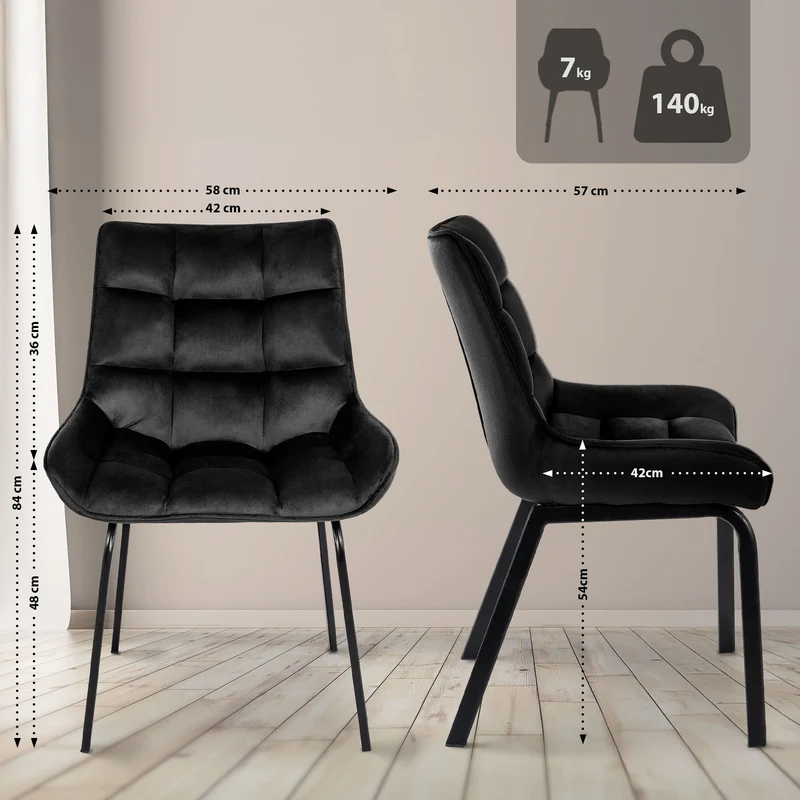 Lot de 2 chaises de salle à manger en velours noir généreusement rembourrée piètement en métal noir 10_0007510