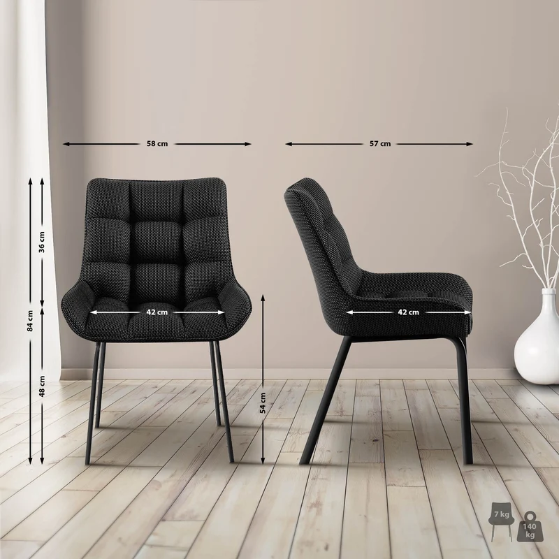 Chaise de salle à manger x1 en tissu gris titane généreusement rembourrée piètement en métal noir 10_0007296
