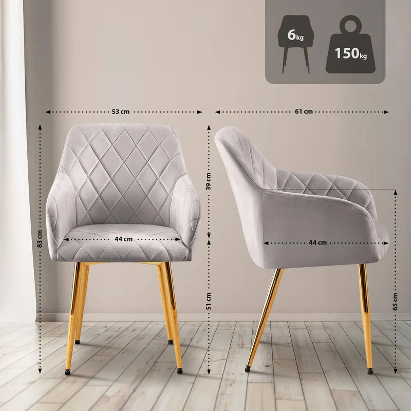 Lot de 2 chaises de salle à manger en velours gris avec coutures décoratives en losange chic et contemporain 10_0007866