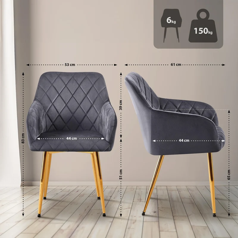 Lot de 2 chaises de salle à manger en velours gris foncé avec coutures décoratives en losange chic et contemporain 10_0007865