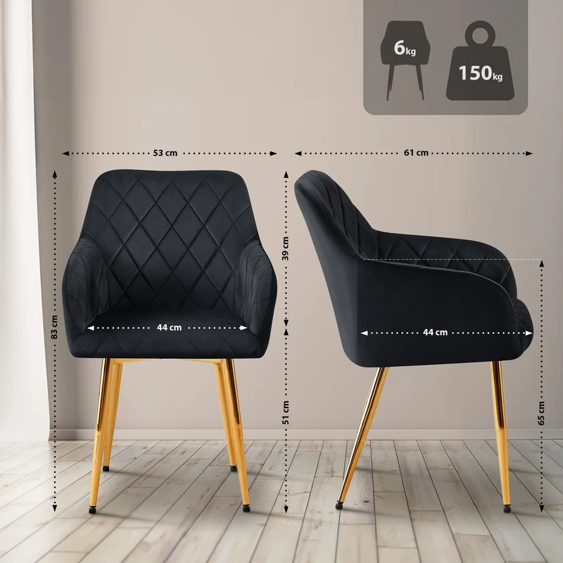 Lot de 2 chaises de salle à manger en velours noir avec coutures décoratives en losange chic et contemporain 10_0007857