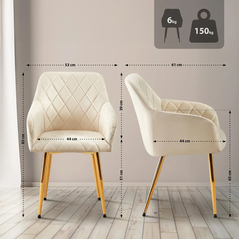 Chaise de salle à manger x1 en velours crème avec coutures décoratives en losange chic et contemporain 10_0007833