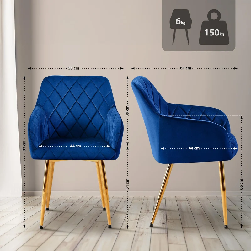 Chaise de salle à manger x1 en velours bleu avec coutures décoratives en losange chic et contemporain 10_0007803