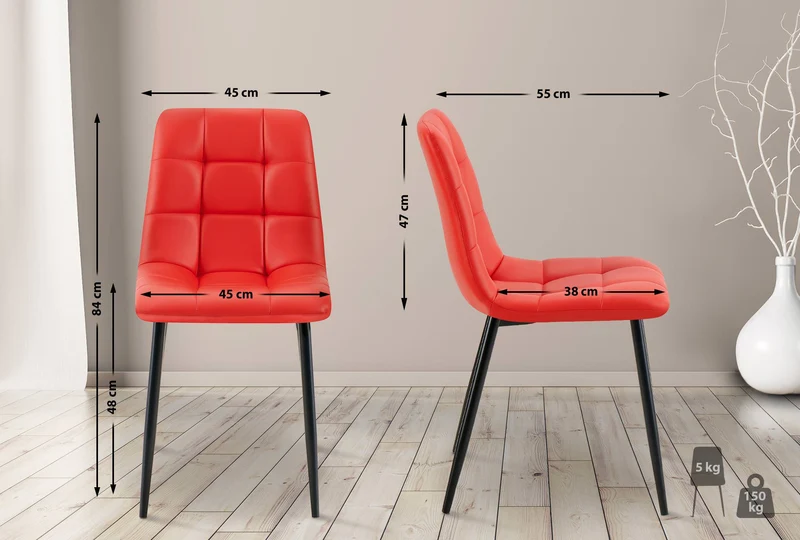 Lot de 4 chaises de salle à manger coutures forme carrées en PVC rouge pieds en métal noir 10_0007788