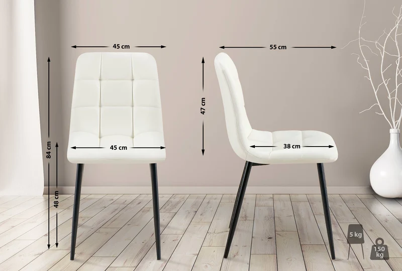Lot de 4 chaises de salle à manger coutures forme carrées en PVC blanc pieds en métal noir 10_0007652