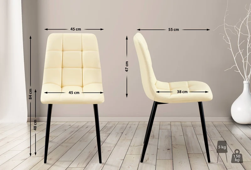Lot de 4 chaises de salle à manger coutures forme carrées en PVC crème pieds en métal noir 10_0007556