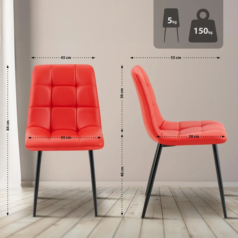 Chaise de salle à manger x1 avec coutures décoratives carrées en PVC rouge cadre métal 10_0007443