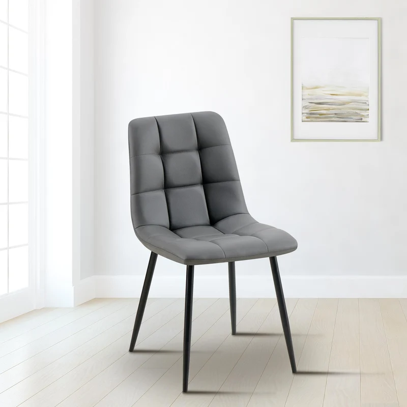 Chaise de salle à manger x1 avec coutures décoratives carrées en similicuir gris foncé cadre métal 10_0007346