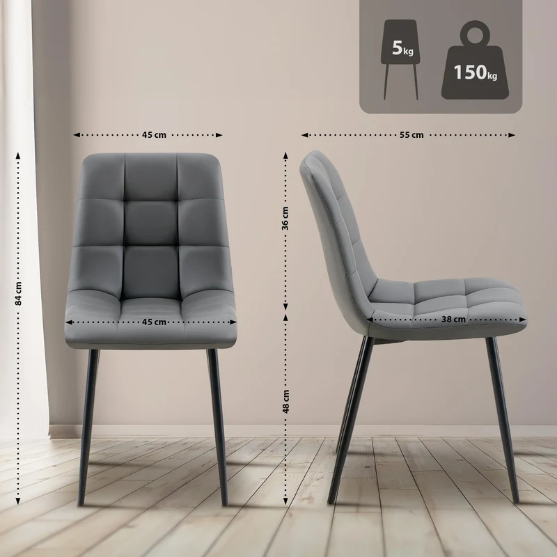 Chaise de salle à manger x1 avec coutures décoratives carrées en similicuir gris foncé cadre métal 10_0007346
