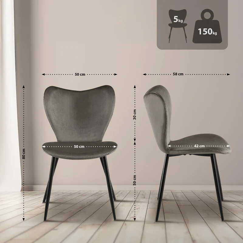 Chaise de salle à manger x1 dossier forme arrondie en papillon en velours gris foncé cadre à quatre pieds en métal noir 10_0007520
