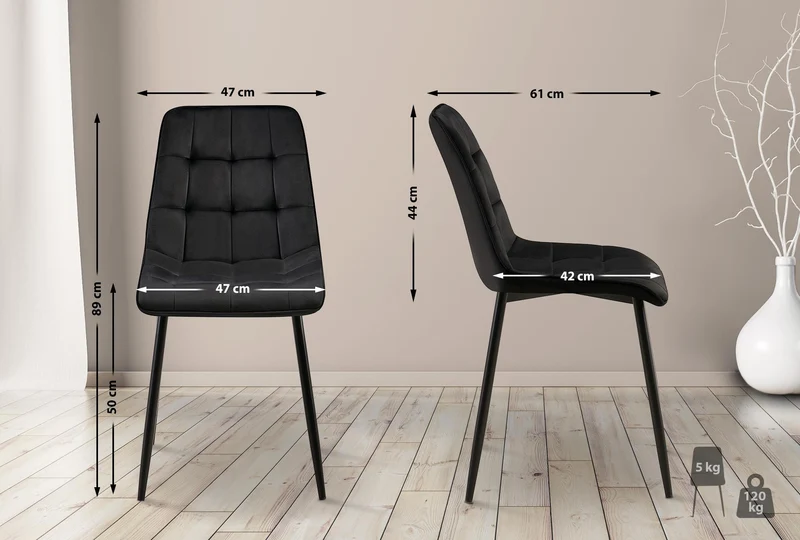 Lot de 2 chaises de salle à manger coutures décoratives carrées en velours noir cadre métal noir 10_0007565