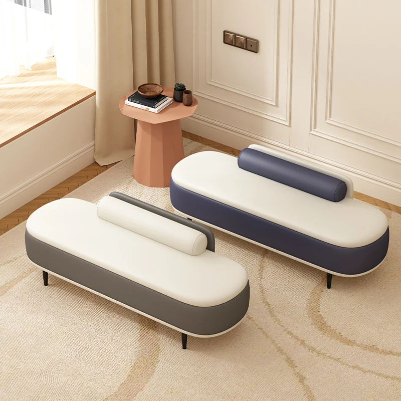 Contemporary Nordic Faux Leather Plywood Carbon Steel Oval Storage Bench With Backrest For Bedroom & Entryway